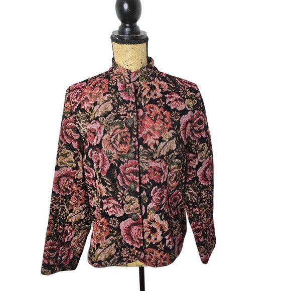 Vintage 90s Brocade Tapestry Pink Dark Bohemian Floral Jacket - Picture 1 of 12